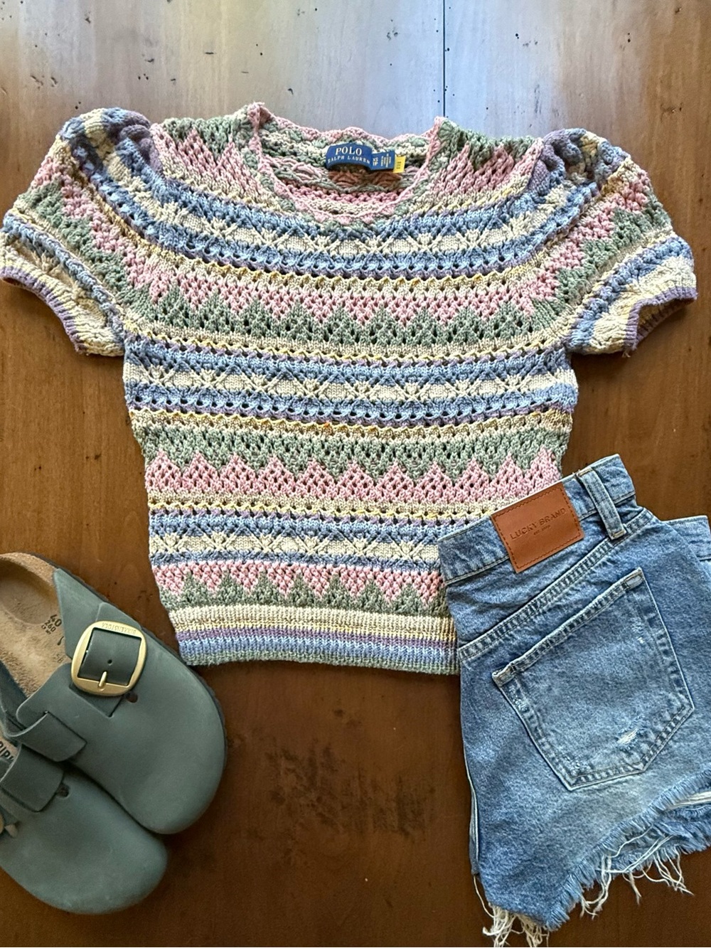 Polo Ralph Lauren Pointelle Pastel Knit Stripe Crochet Top Coquette Girl